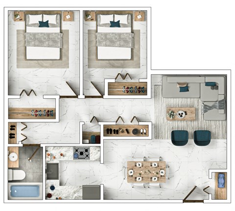 A floor plan of a house with two bedrooms, a living room, a kitchen, a dining room, and a bathroom.
